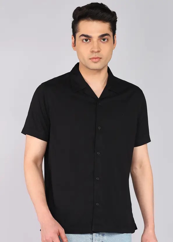 Indian Terrain Men's Slim Fit Half Sleeve Solid Black Shirt